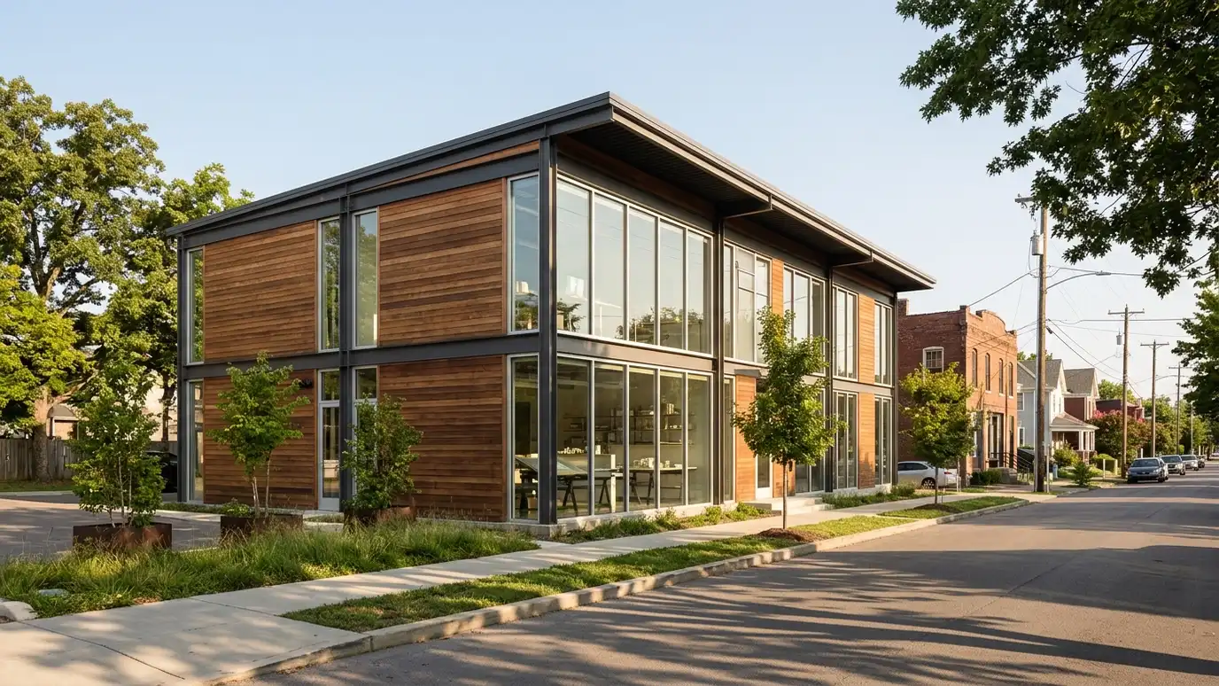 Music City Architect A modern architecture studio building exterior with large windows, a wood and steel facade and a sidewalk in a Nashville neighborhood in morning light