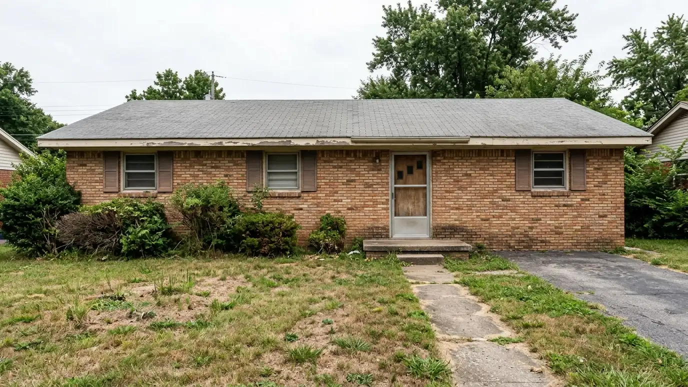 Before: a house exterior with a dated brick ranch with a plain flat facade, small windows and a bare front door
