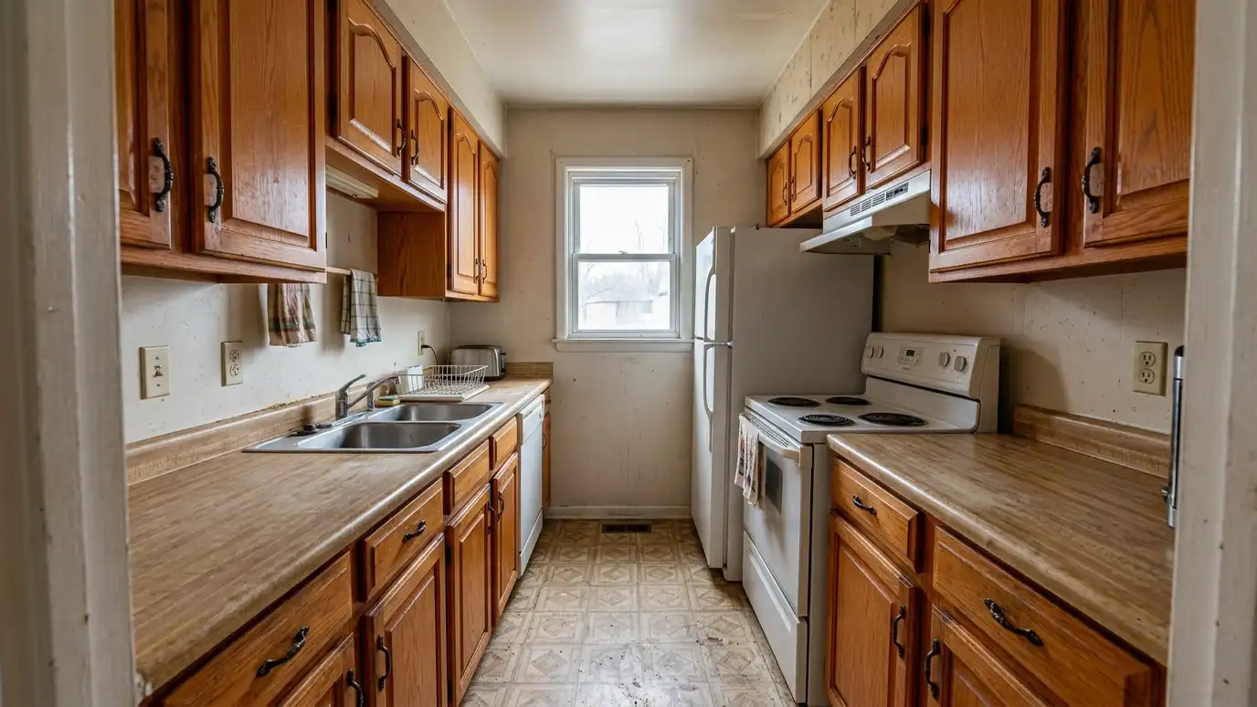 Before: a kitchen with a dated closed-in kitchen with orange oak cabinets, laminate counters and a worn floor