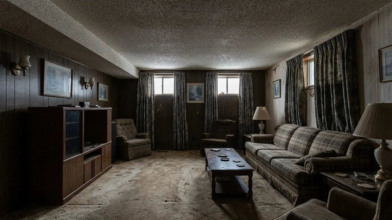 Before: a living room with a dark living room with a low popcorn ceiling, worn carpet and heavy curtains