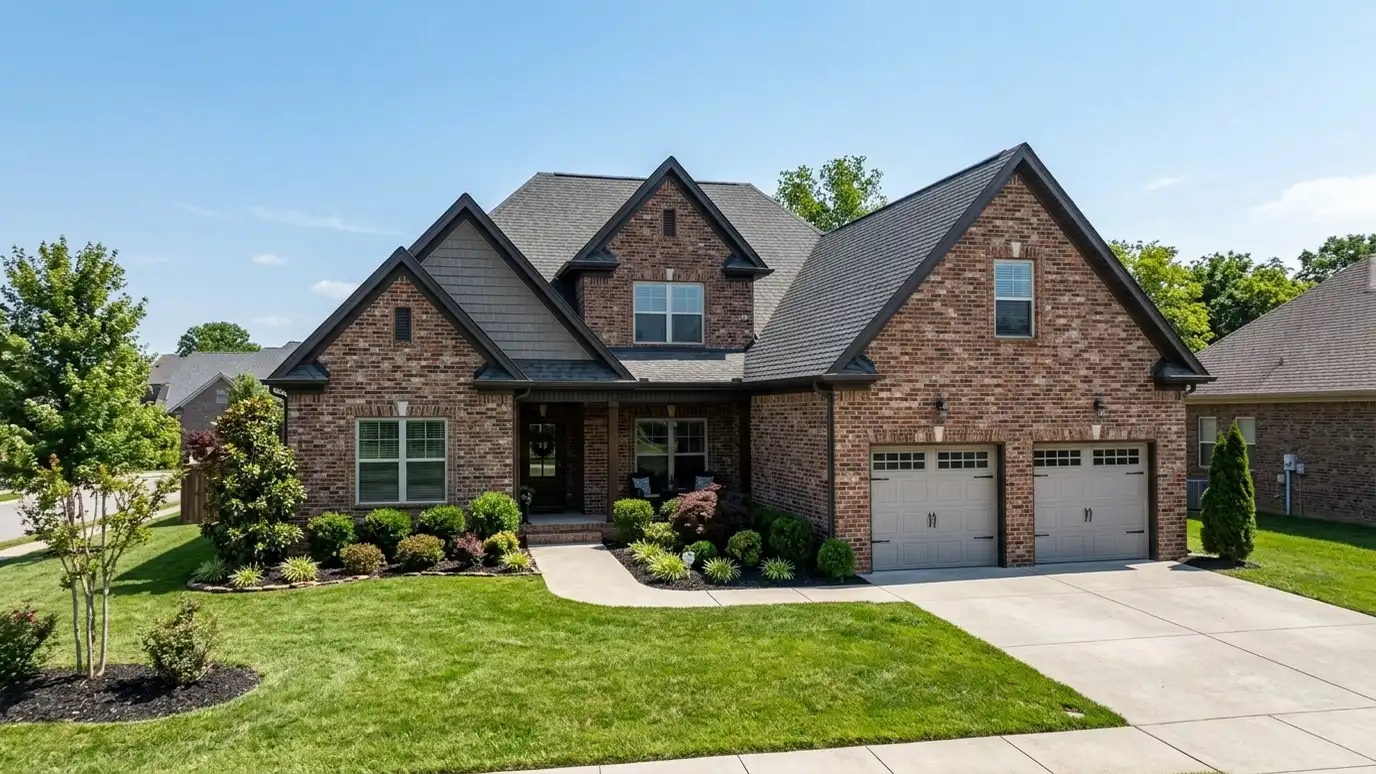 A modern farmhouse style home in Antioch, Tennessee with a covered porch, large windows and warm natural light