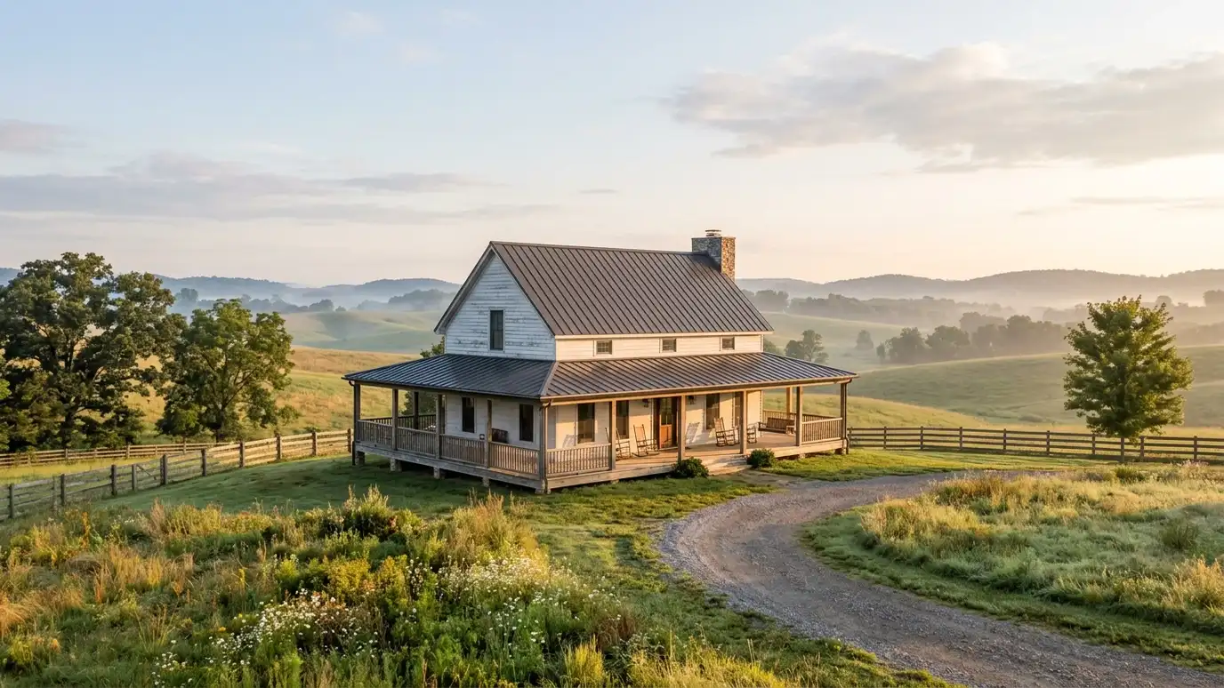 A modern farmhouse style home in Arrington, Tennessee with a covered porch, large windows and warm natural light