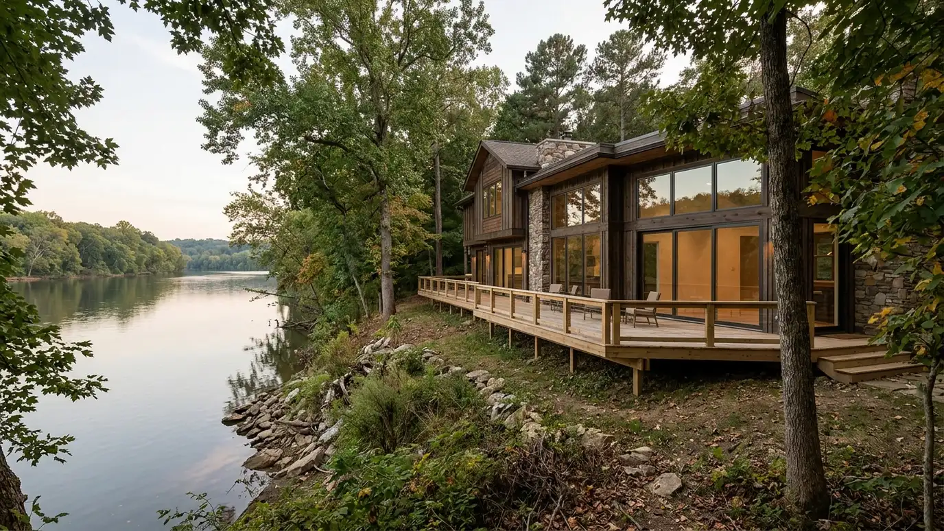 A modern farmhouse style home in Ashland City, Tennessee with a covered porch, large windows and warm natural light