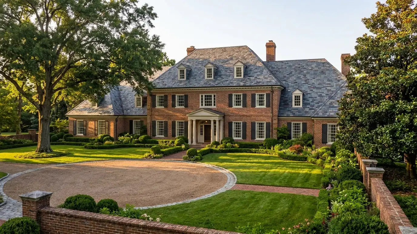 A modern farmhouse style home in Belle Meade, Tennessee with a covered porch, large windows and warm natural light