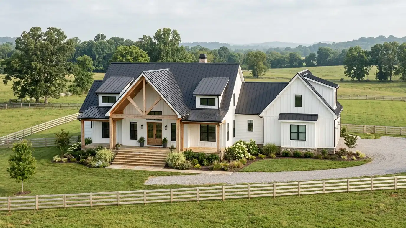 A modern farmhouse style home in College Grove, Tennessee with a covered porch, large windows and warm natural light