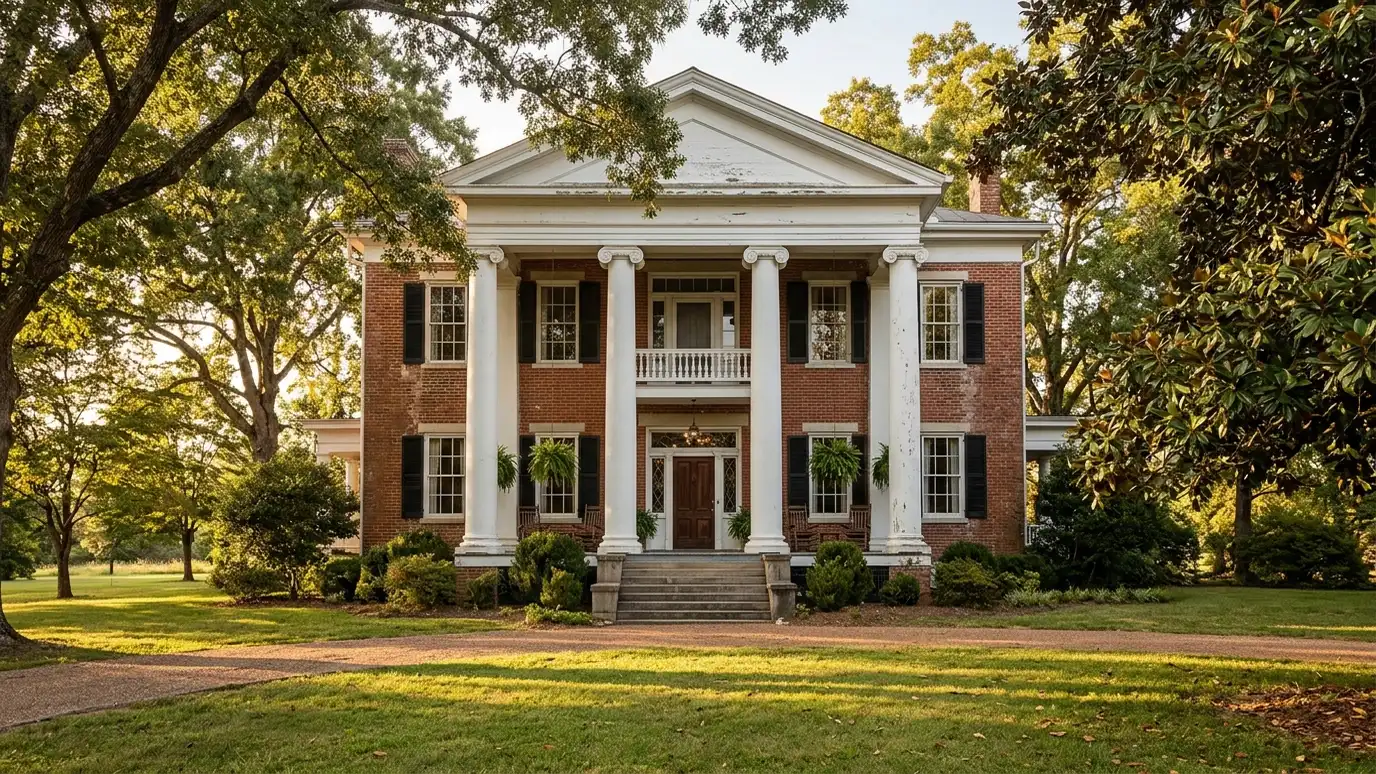 A modern farmhouse style home in Columbia, Tennessee with a covered porch, large windows and warm natural light