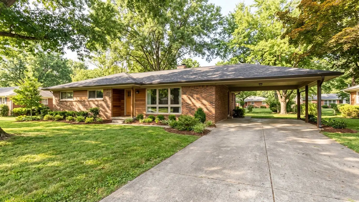 A modern farmhouse style home in Donelson, Tennessee with a covered porch, large windows and warm natural light