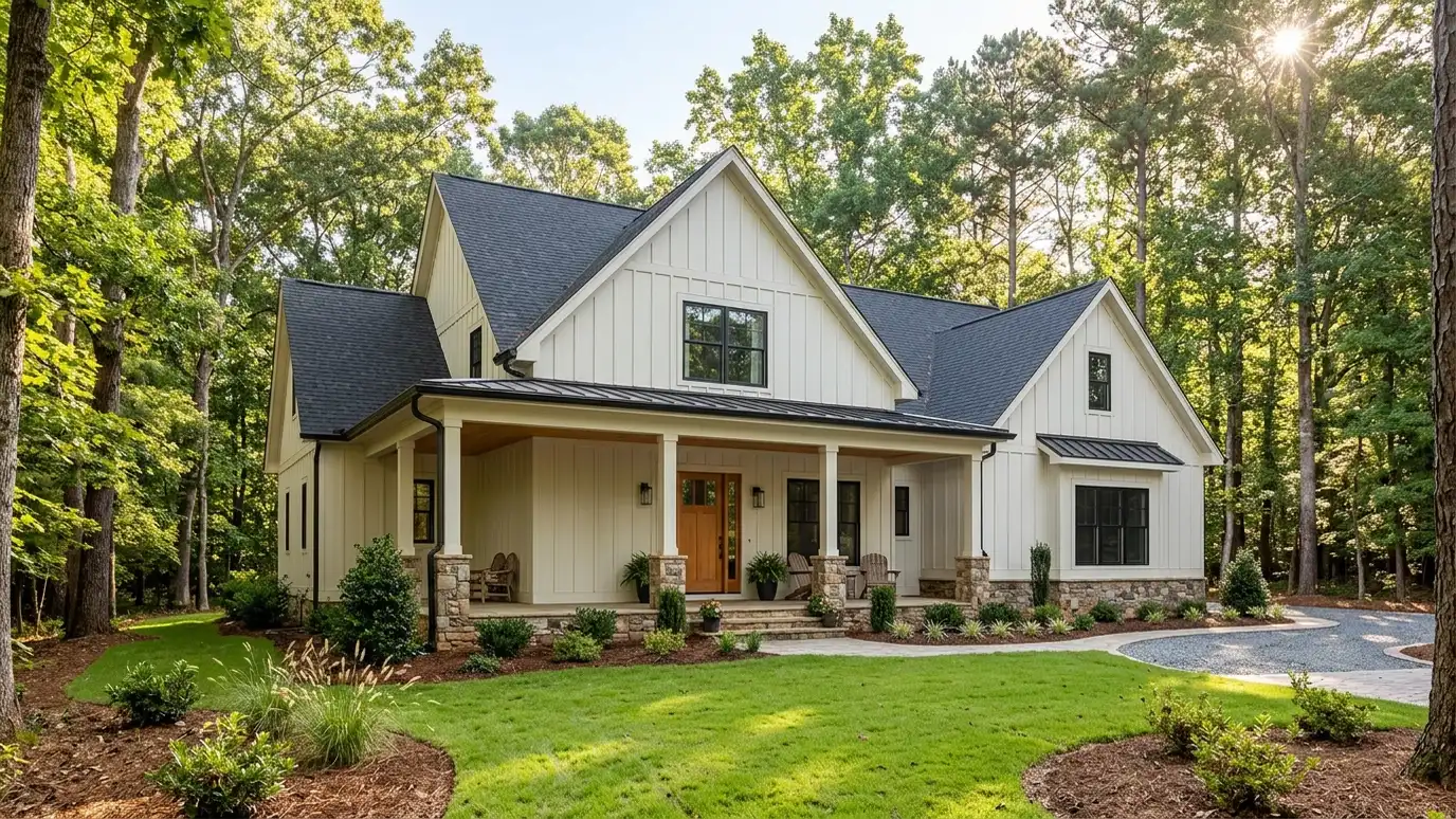 A modern farmhouse style home in Fairview, Tennessee with a covered porch, large windows and warm natural light