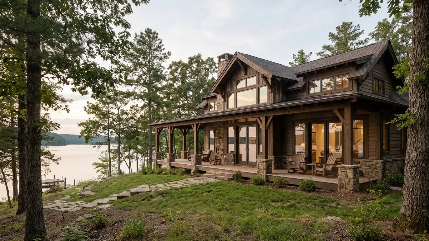 A modern farmhouse style home in Gallatin, Tennessee with a covered porch, large windows and warm natural light