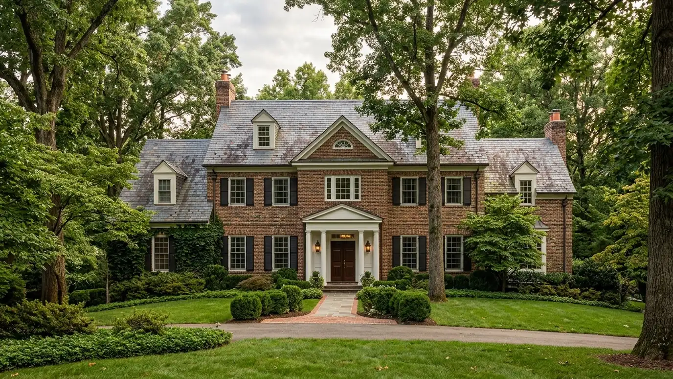 A modern farmhouse style home in Green Hills, Tennessee with a covered porch, large windows and warm natural light