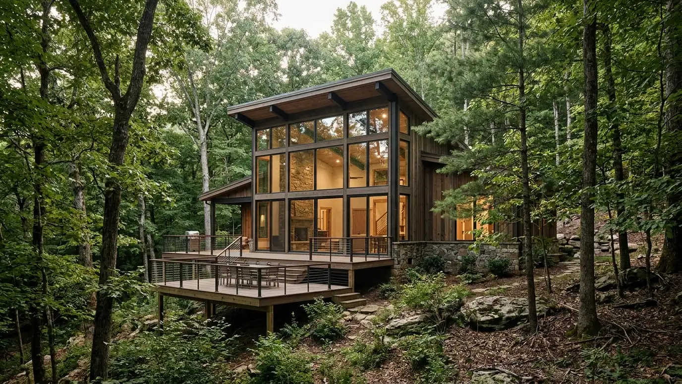 A modern farmhouse style home in Kingston Springs, Tennessee with a covered porch, large windows and warm natural light