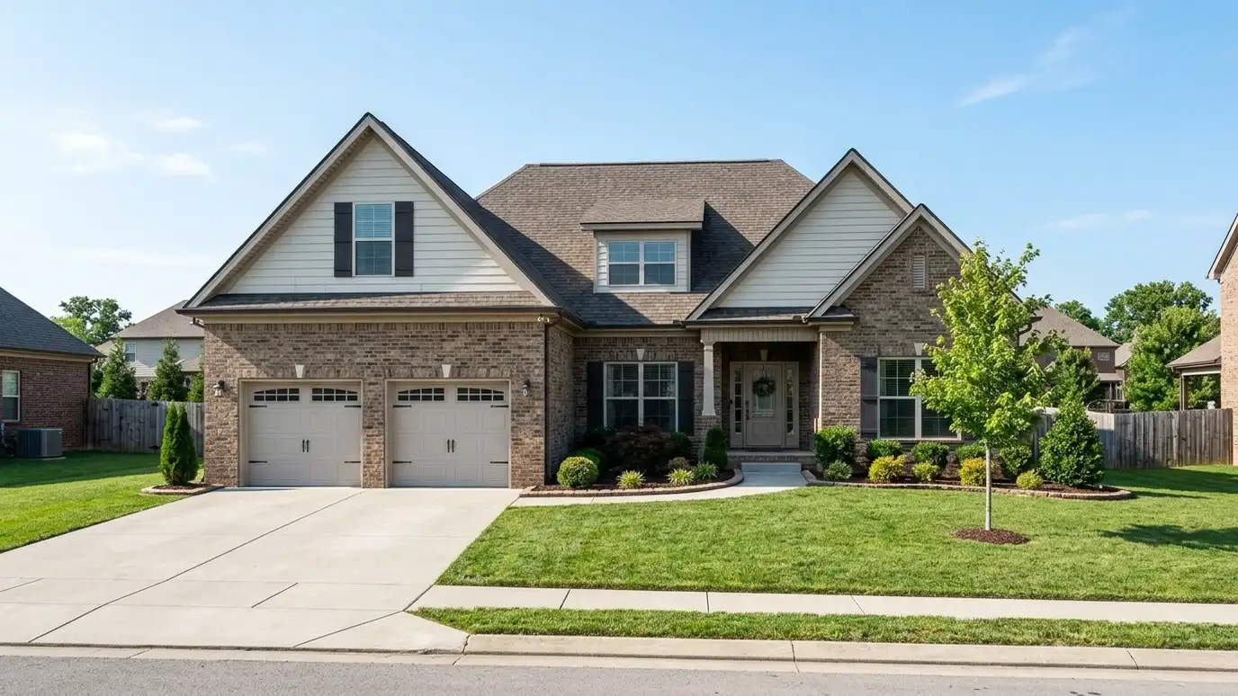 A modern farmhouse style home in La Vergne, Tennessee with a covered porch, large windows and warm natural light