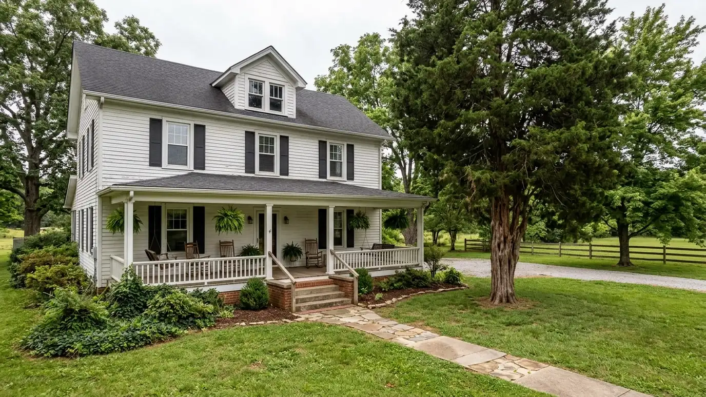 A modern farmhouse style home in Lebanon, Tennessee with a covered porch, large windows and warm natural light