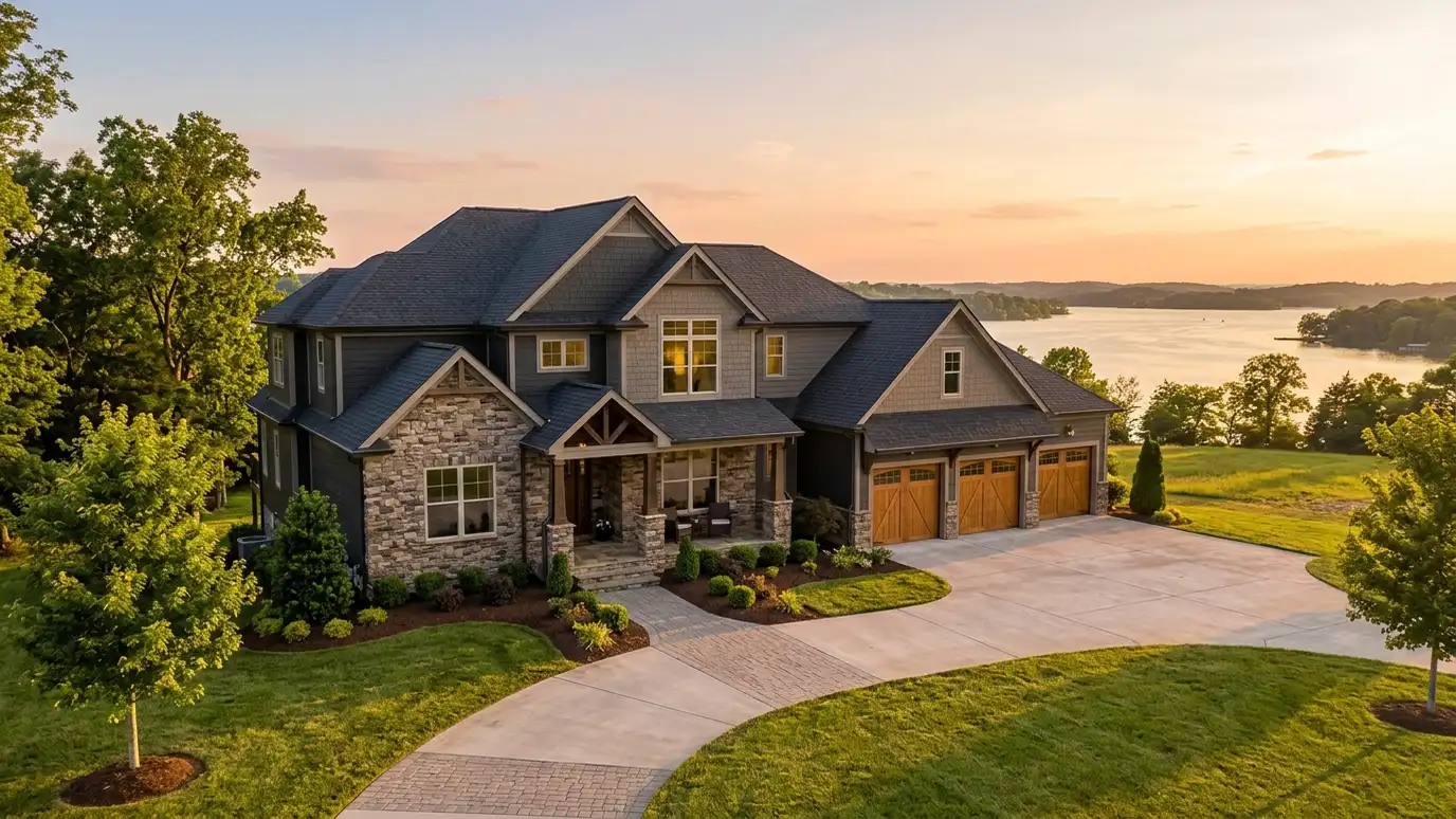 A modern farmhouse style home in Mt. Juliet, Tennessee with a covered porch, large windows and warm natural light