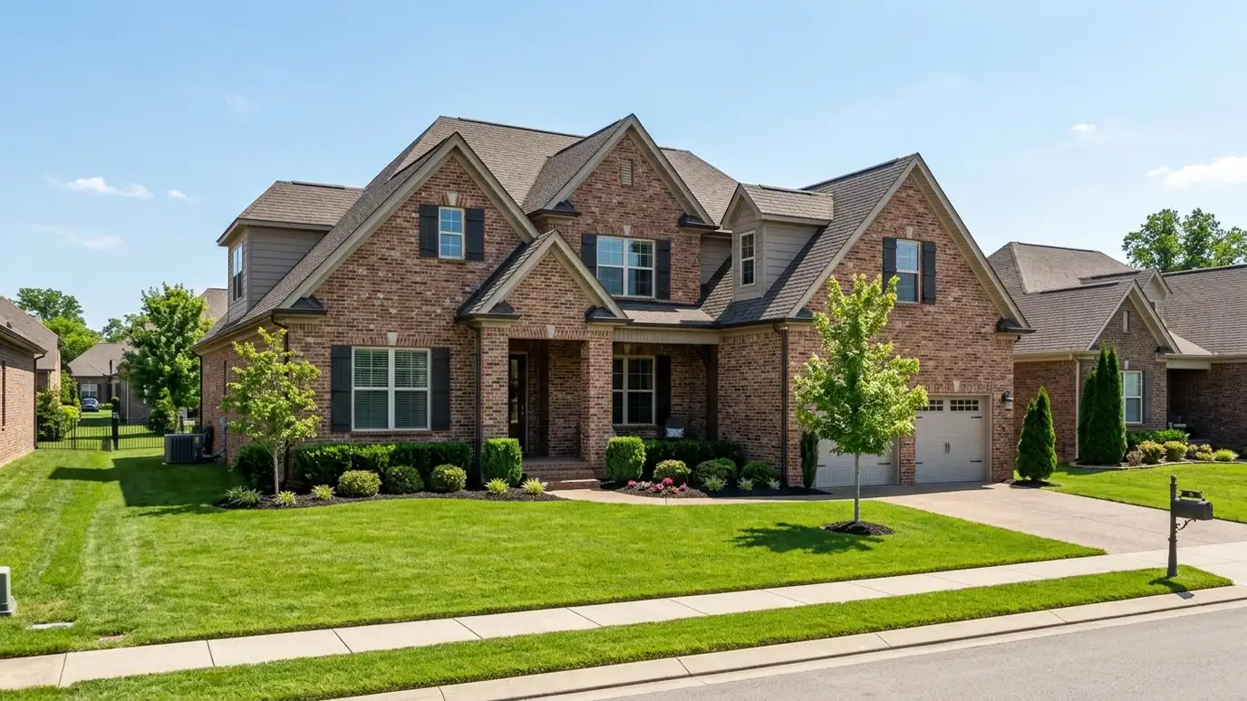 A modern farmhouse style home in Murfreesboro, Tennessee with a covered porch, large windows and warm natural light