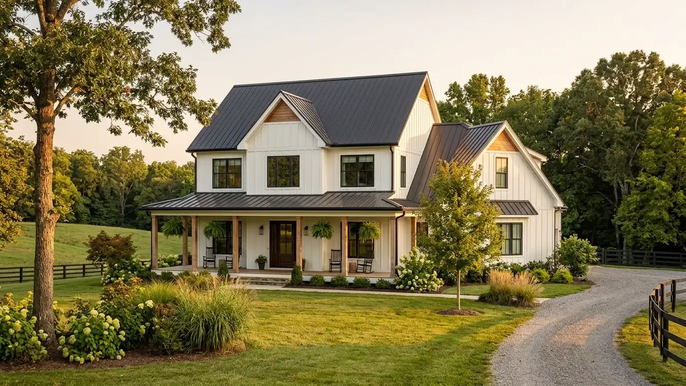 A modern farmhouse style home in Nolensville, Tennessee with a covered porch, large windows and warm natural light