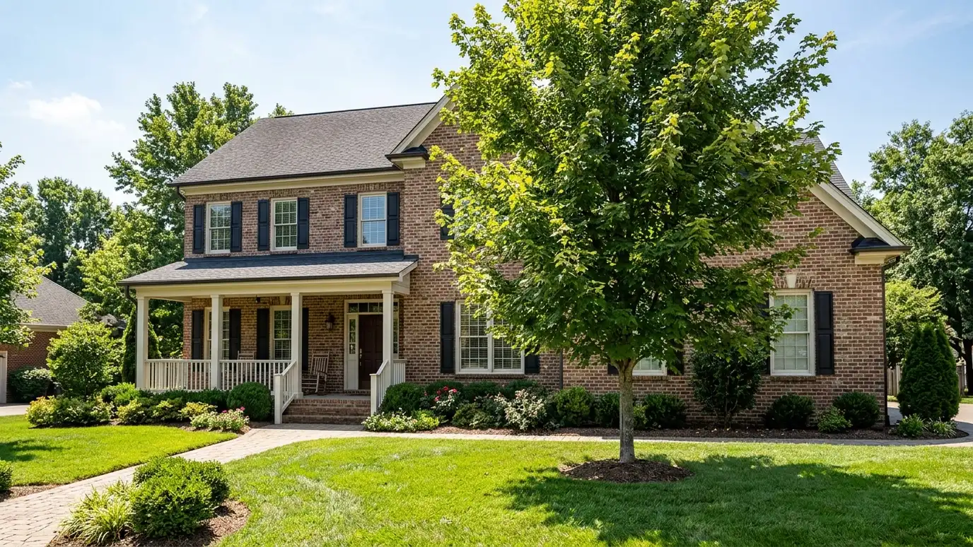 A modern farmhouse style home in Old Hickory, Tennessee with a covered porch, large windows and warm natural light