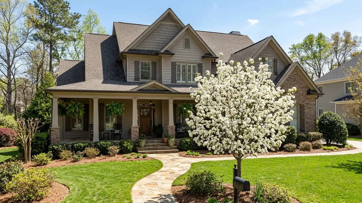 A modern farmhouse style home in Smyrna, Tennessee with a covered porch, large windows and warm natural light