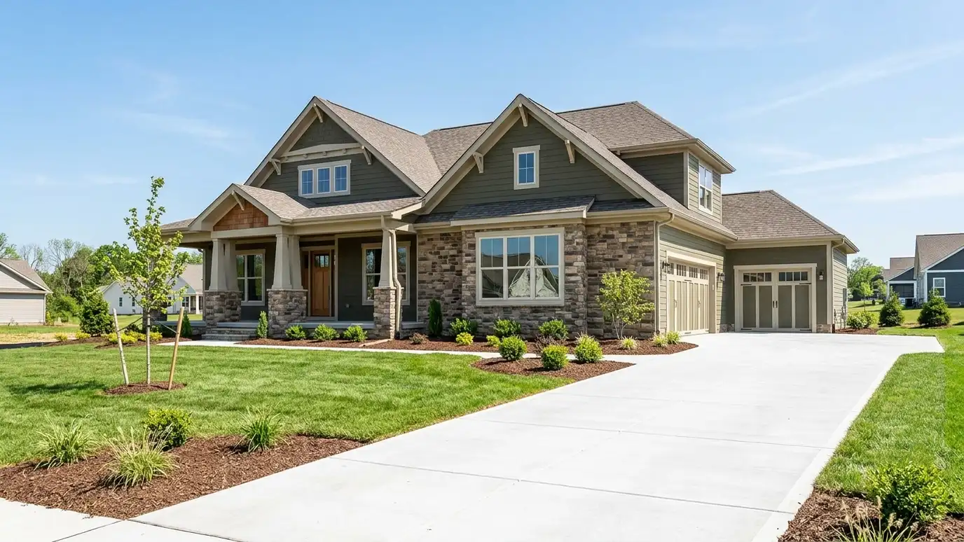 A modern farmhouse style home in Spring Hill, Tennessee with a covered porch, large windows and warm natural light