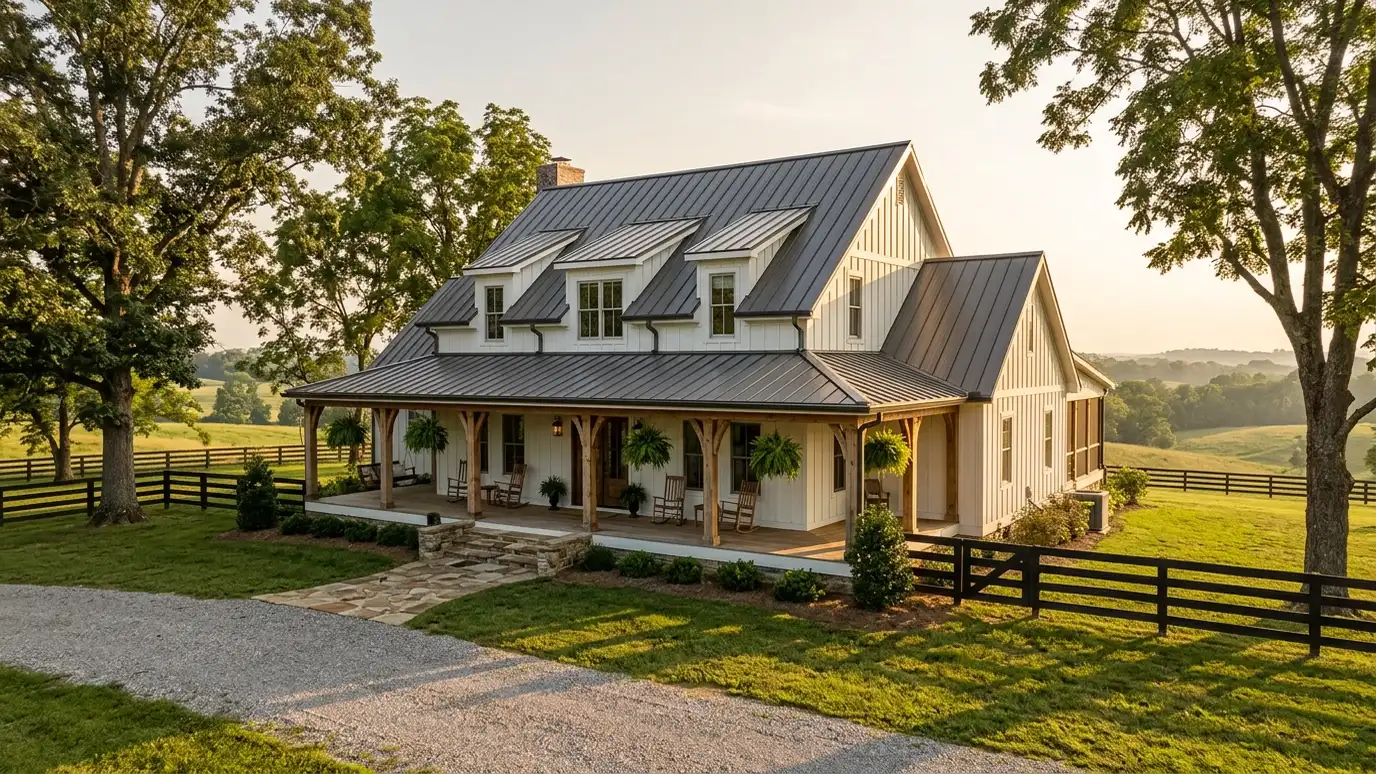 A modern farmhouse style home in Thompsons Station, Tennessee with a covered porch, large windows and warm natural light