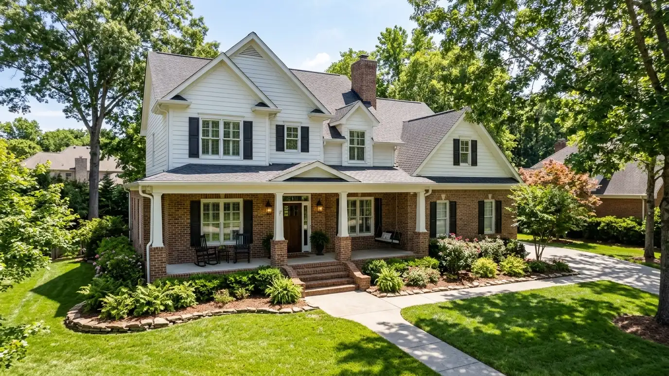 A modern farmhouse style home in White House, Tennessee with a covered porch, large windows and warm natural light