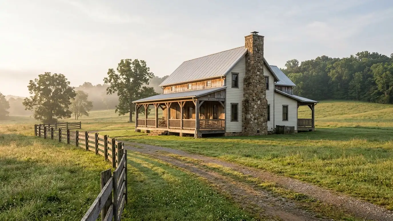 A modern farmhouse style home in Whites Creek, Tennessee with a covered porch, large windows and warm natural light