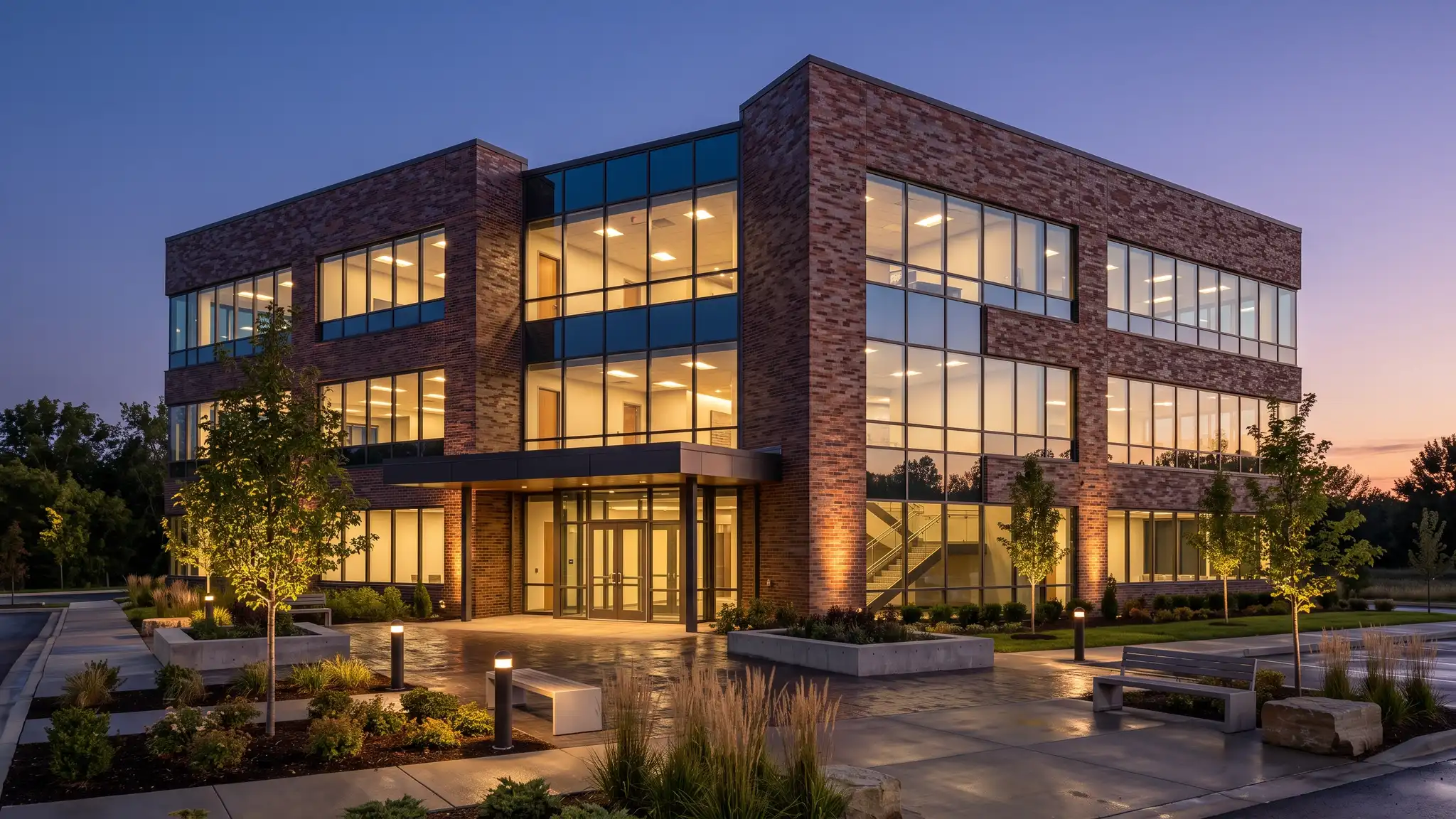 A modern three-story commercial building with a glass and brick facade and a landscaped entry at dusk with warm interior lights