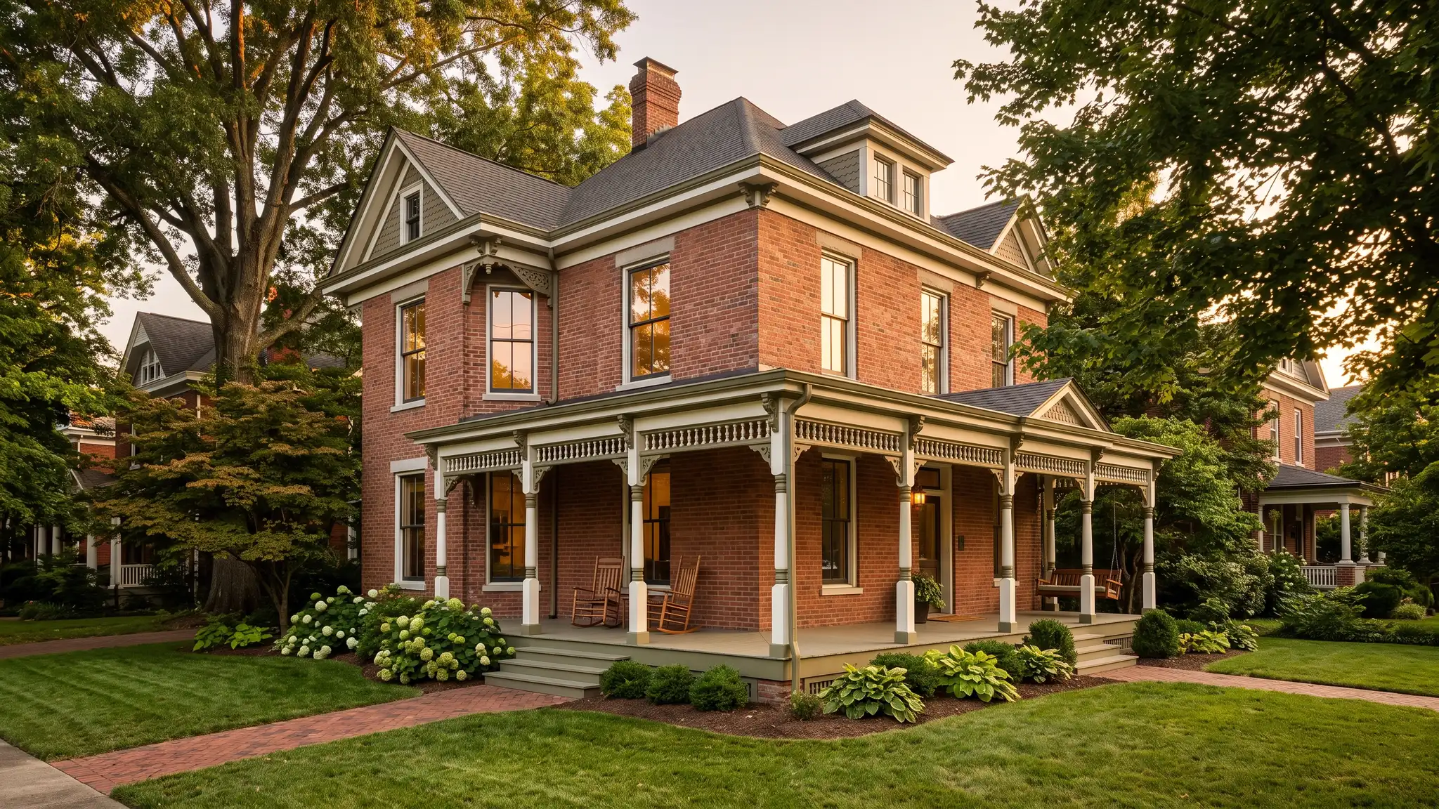 A beautifully restored historic Nashville brick home with fresh trim, a wraparound porch and mature trees in warm evening light