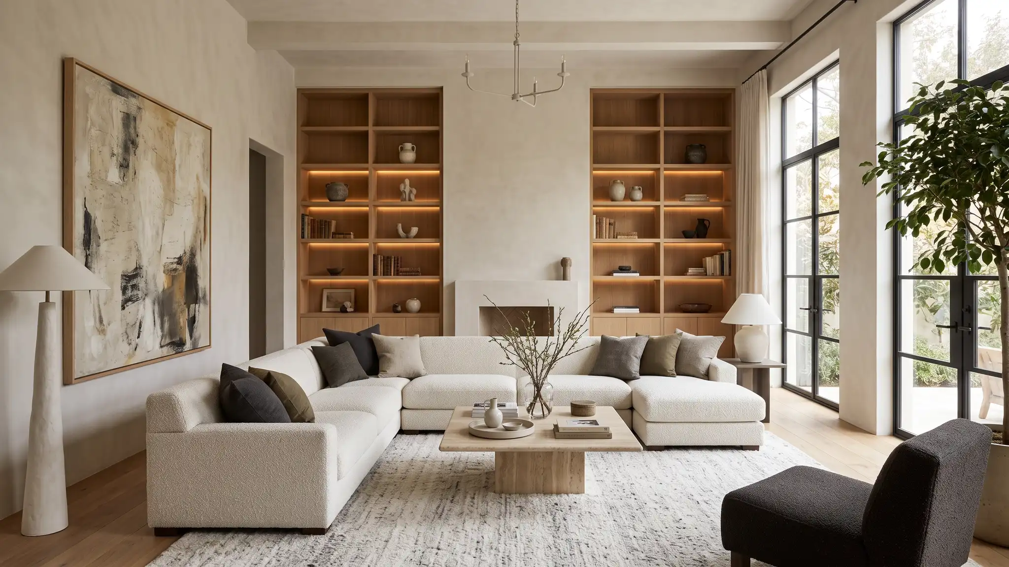 An elegant living room with a custom sofa, built-in shelves, layered lighting and large art