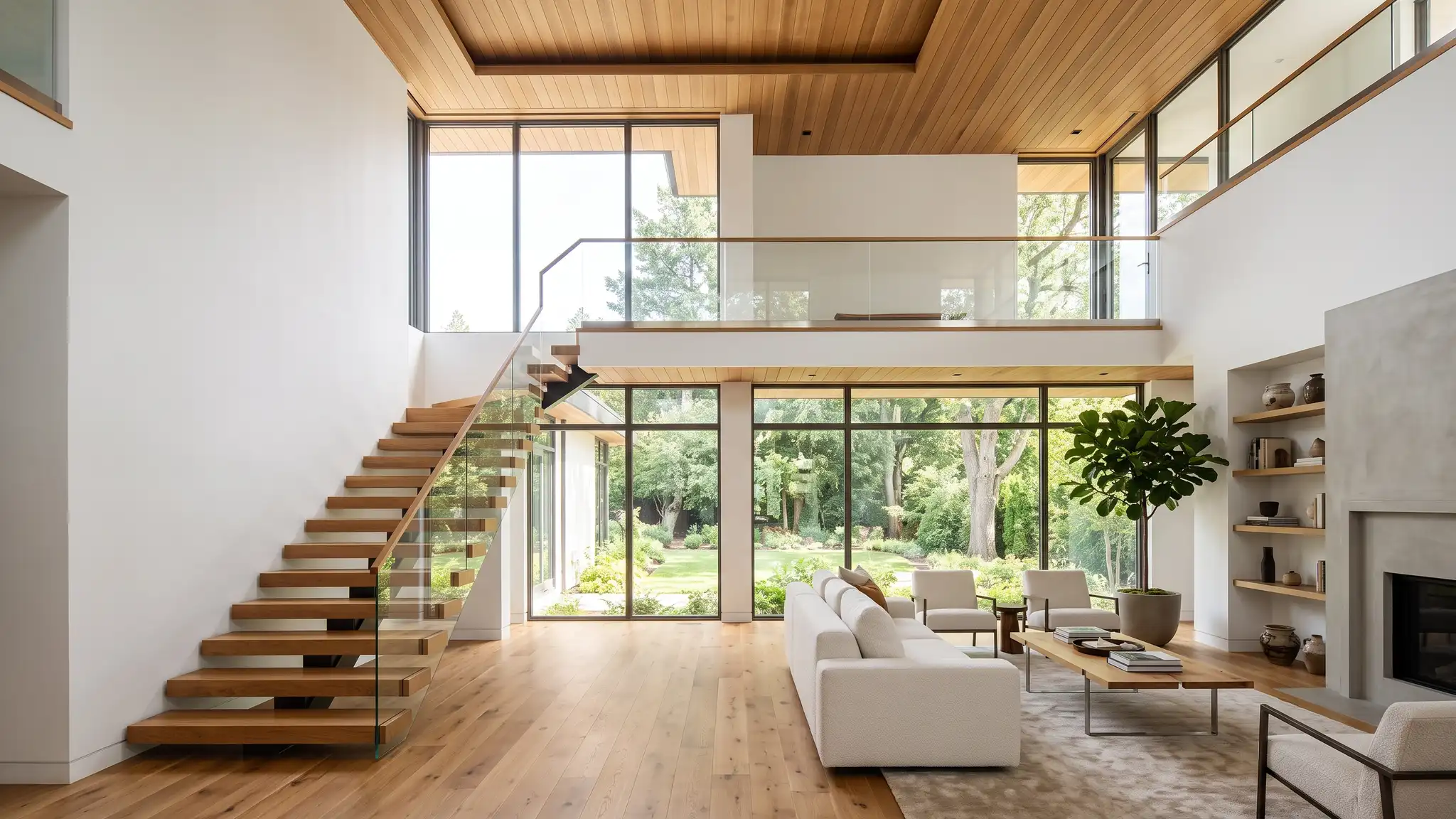 A bright contemporary home interior with a double-height living room, a wall of windows, a floating staircase and warm wood and white finishes