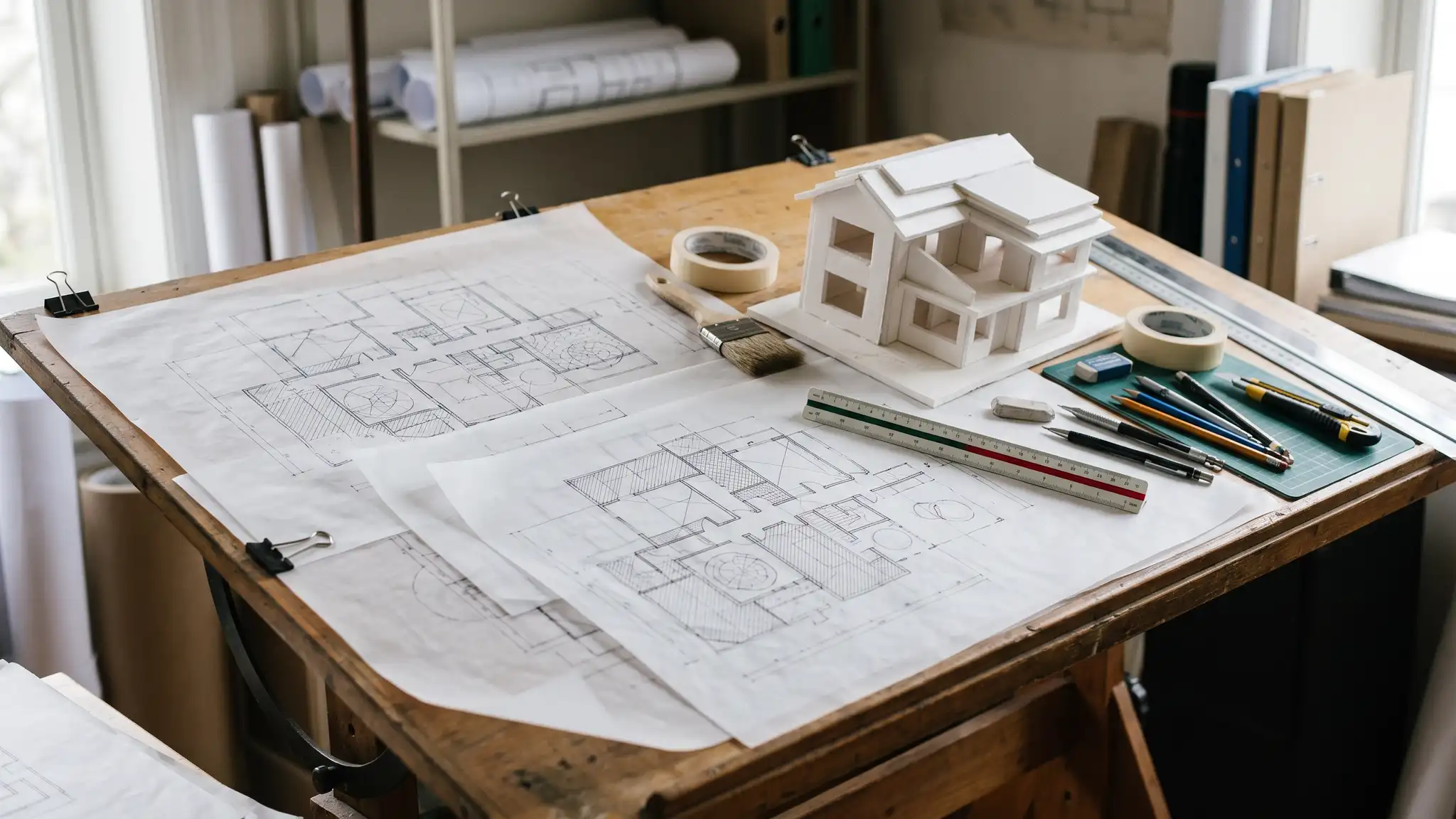 An architect drafting table with a large set of abstract floor plan drawings, a white foam scale model of a house and a scale ruler in soft window light