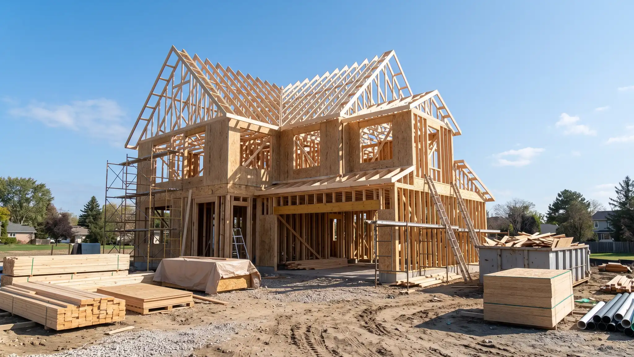 A residential construction site with a framed two-story house, roof trusses against a blue sky and neat material stacks