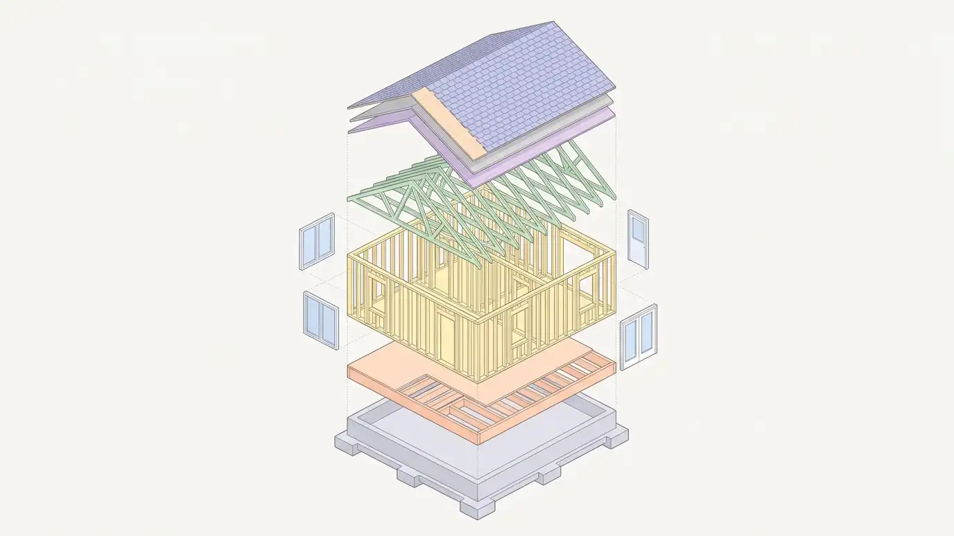 A clean illustrated isometric exploded diagram of a house showing foundation, floor framing, wall framing, windows, roof trusses and roof layers floating apart in soft pastel colors