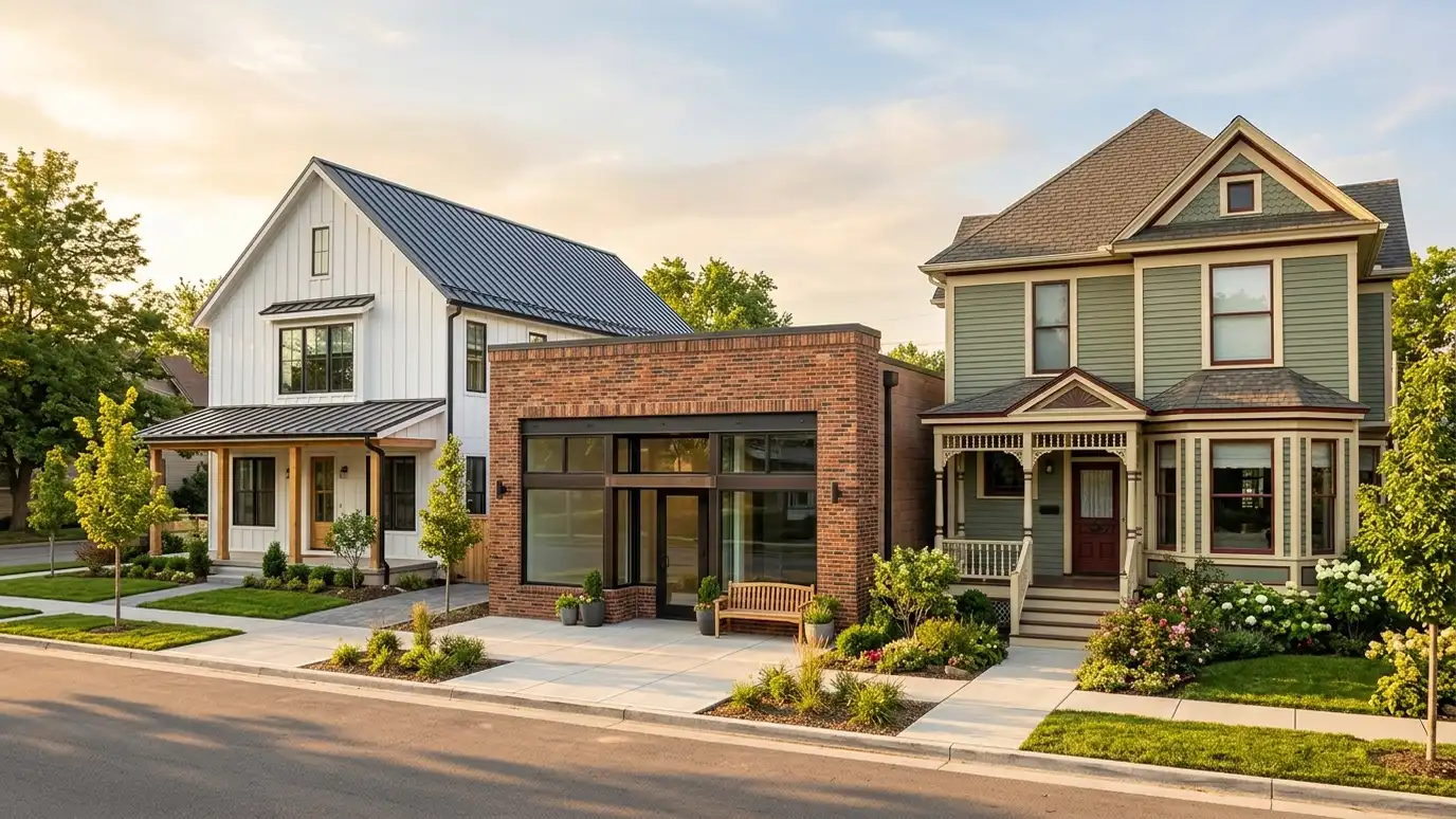 A row of three finished buildings: a modern farmhouse home, a small commercial building and a restored historic house