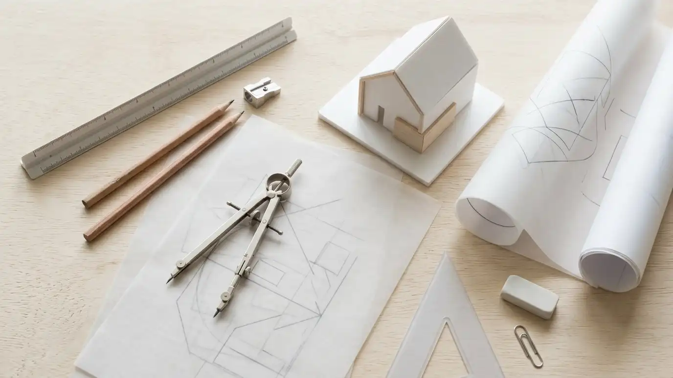 Architecture and home design services | Music City Architect A neat flat lay of architecture tools on a light surface including a scale ruler, pencils, tracing paper, a compass, a small foam house model and a roll of plans