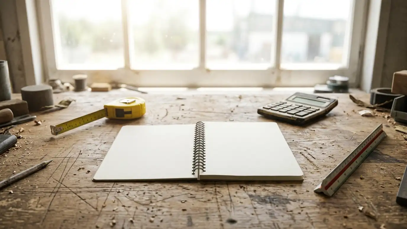 A workbench with an open blank notebook, a calculator, a tape measure and a scale ruler with a bright window behind