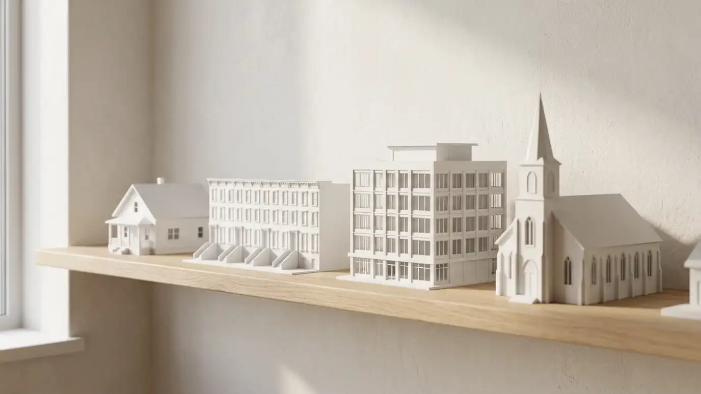 A row of small white architectural models on a shelf showing a house, a townhome row, an office building and a church