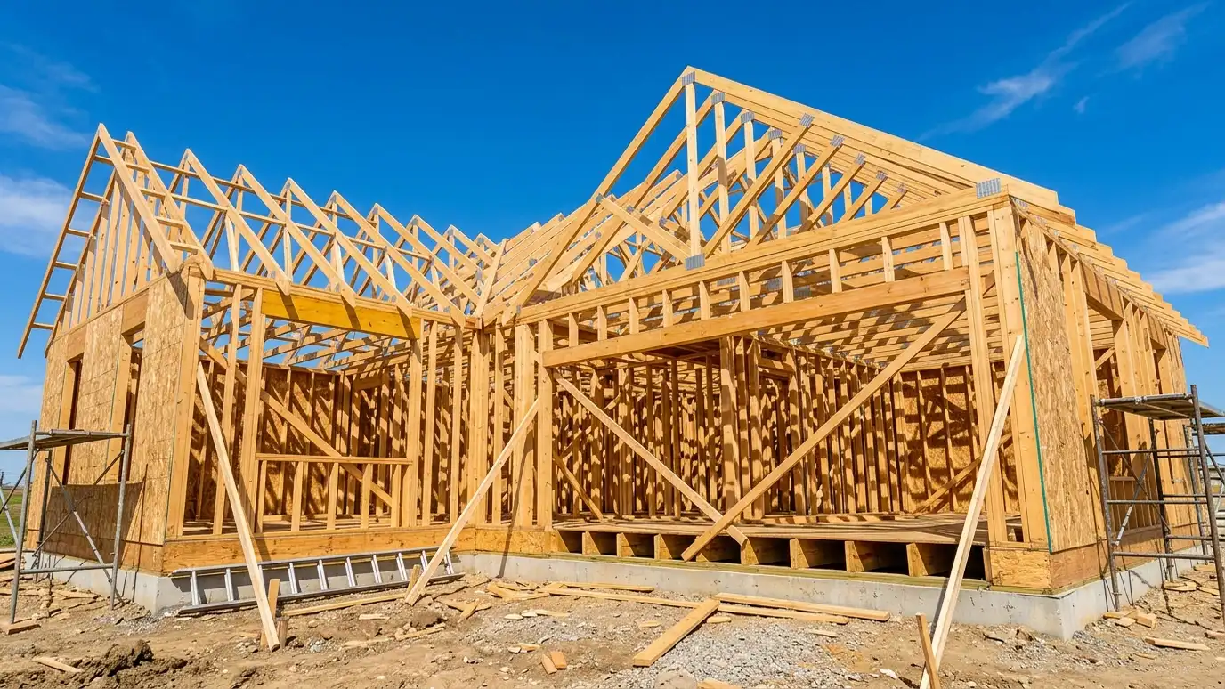 A house with newly raised wall framing and roof trusses against a blue sky in a close view