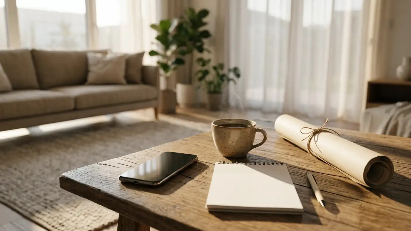 A phone with a blank screen, a coffee cup, a notepad and a rolled plan on a living room table