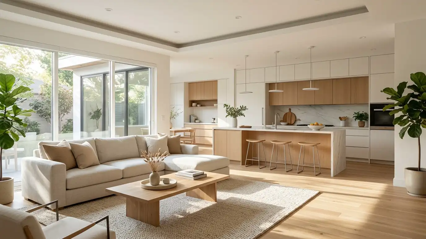 A finished bright modern home interior with a clean open living room and kitchen in soft morning light
