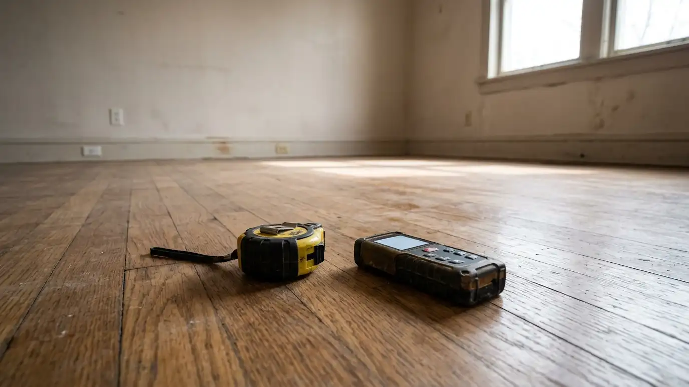 A tape measure and a laser distance measurer lying on the floor of an empty room near a window