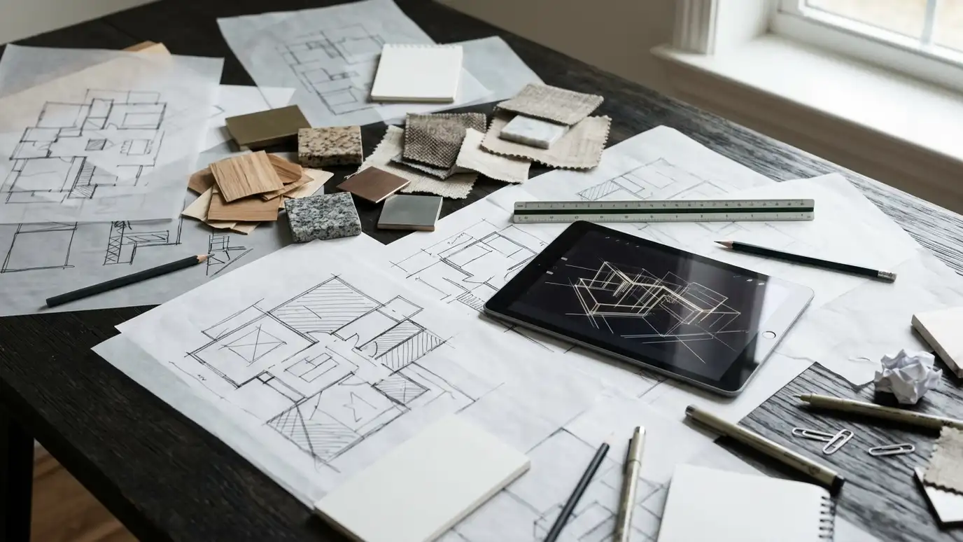 A table covered with floor plan sketches, material samples, a tablet showing an abstract model and a scale ruler