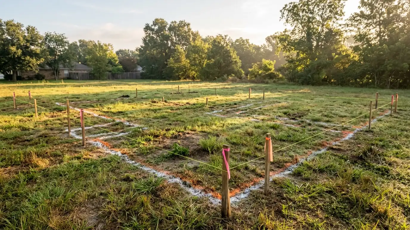 A residential lot prepared for building with small survey stakes, string lines and a marked foundation outline in the grass