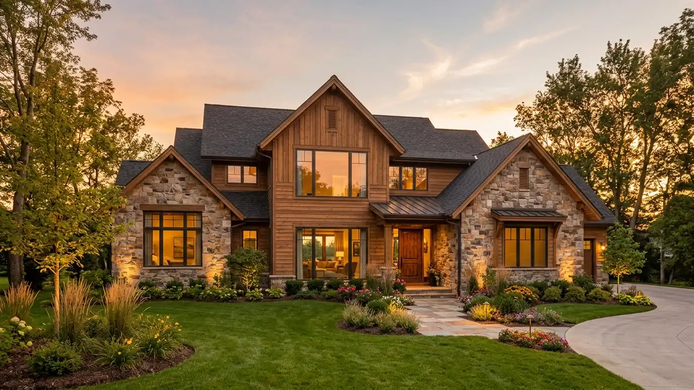 A stunning custom home exterior with a mix of stone and wood siding, a gabled roof and large windows at golden hour