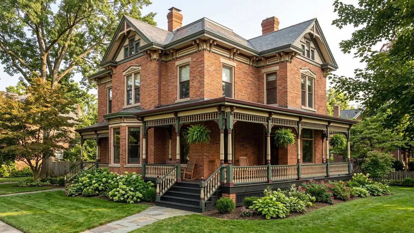 A renovated historic home with fresh trim, a covered porch and mature trees