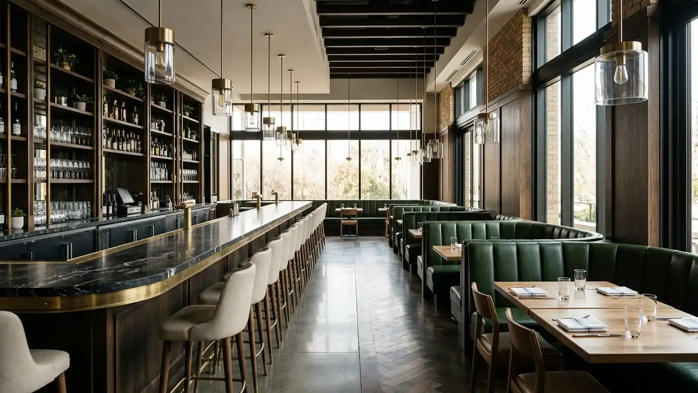 A stylish restaurant interior with a long bar, pendant lights and booths